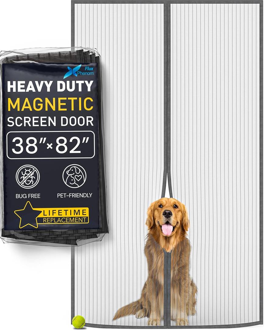 Flux Phenom Magnetic Screen Door 38x82 Inch  Easy Install, Strong Magnet Strength, Self-Sealing Mesh, Pet Tested, Hands-Free Entry, Door Screen Magnetic Closure, Keeps Bugs Out - Gray