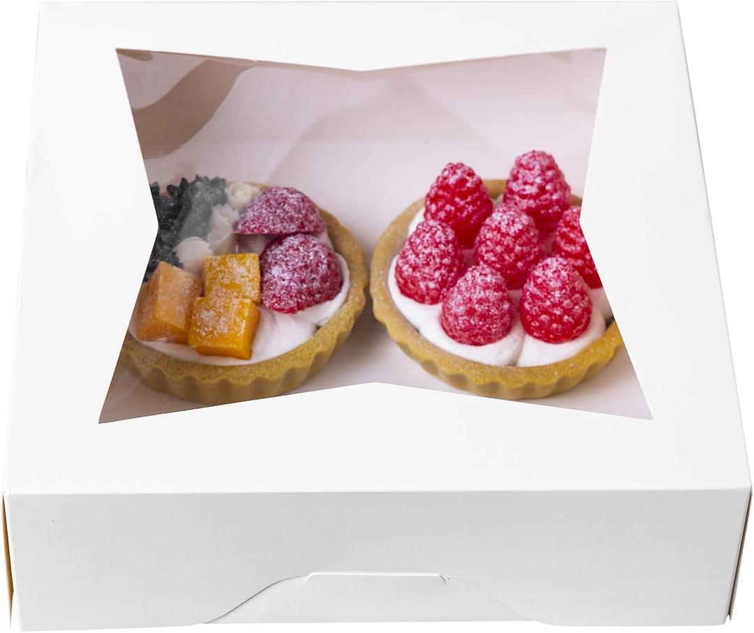 ONE MORE [15pcs] 8" White Bakery Pie Boxes, White Cardboard Cookie Box with Window Auto-Popup Natural Disposable Pastries Boxes 8x8x2.5inch,Pack of 15