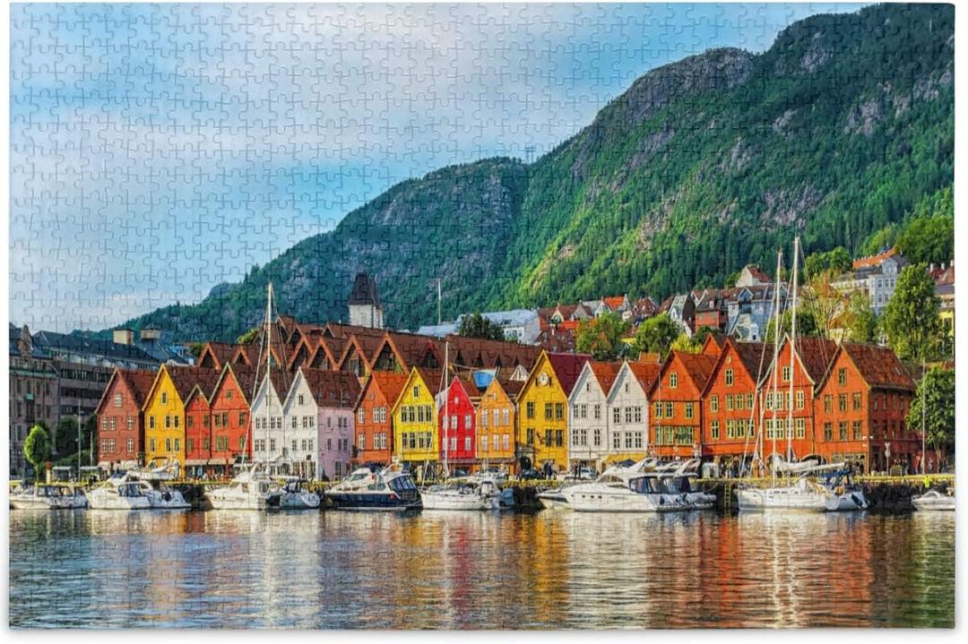 Bergen Norway Jigsaw Puzzle 1000 Pieces Colorful House Lake Mountain Puzzles for Adults Kids DIY Gifts (Multi 12)