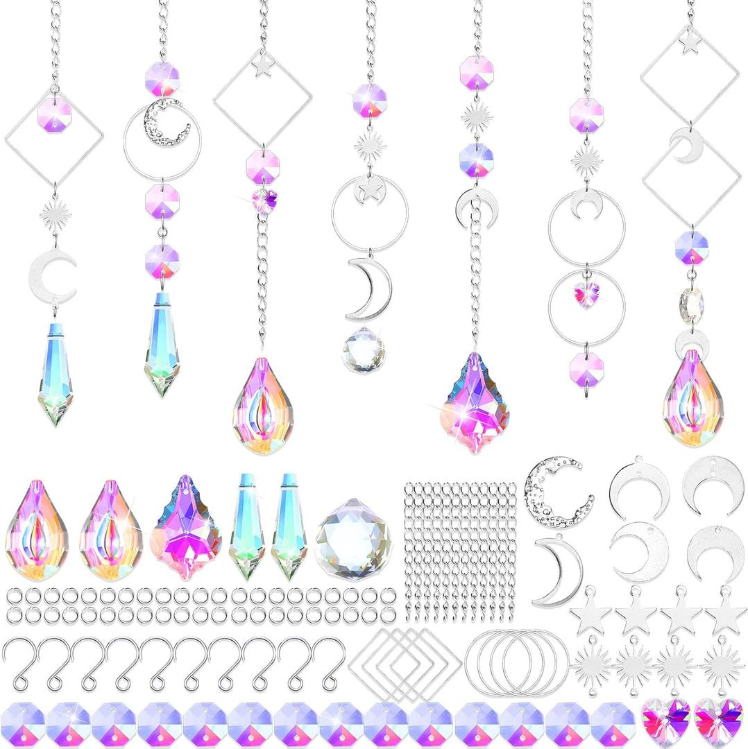 Yinkin 355 Pcs DIY Suncatcher Kits for Adults Colorful Crystal Sun Catchers Making Kits Indoor Window Hanging Prisms with Chain Pendant Ornament Suncatcher DIY Crafts for Garden Decoration(Silver)