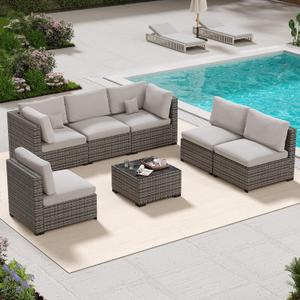LHBcraft 7 Piece Patio Outdoor Furniture Set, Outdoor Sectional, All-Weather Hand-Woven Wicker Patio Sectional Sofa, Rattan Outside Furniture with Grey Cushion and Glass Coffee Table, 7 PCS