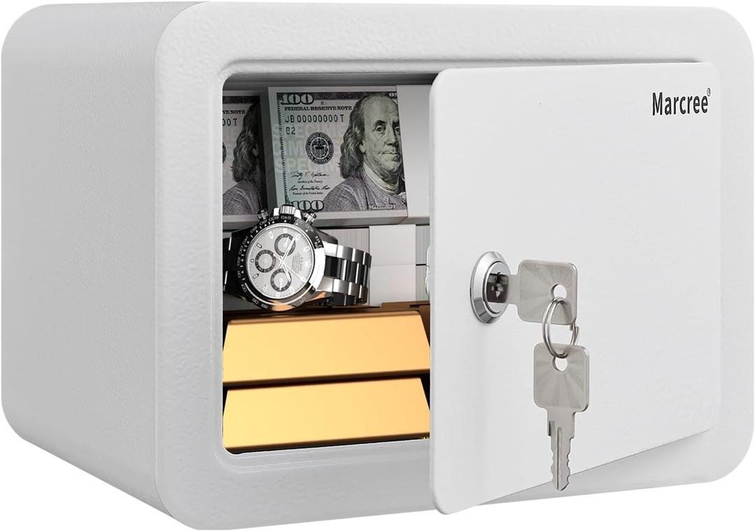 Marcree 0.23 Cubic Safe Box for Kids, Security Safe Steel Construction with Key Lock, Home Safes with Rounded Design for Child Protection, Lock Box for Home, 6.69 x 9.06 x 6.69 Inches, White