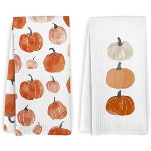 KFXHANGD Fall Pumpkin Decor Kitchen Towels and Dishcloths Set of 2, Fall Thanksgiving Day Hand Dish Towel, Farmhouse Autumn Pumpkins Decorative Hand Tea Towels for Bathroom Kitchen, 16×24 Inch