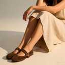 3 x VOLEECE Women's Ruched Ballet Flats Buckle Strap Mary Jane Flat Shoes Slip On Soft Faux Suede Round Toe Comfort Ballerina for Casual Dress (Brown), Sizes 7.5