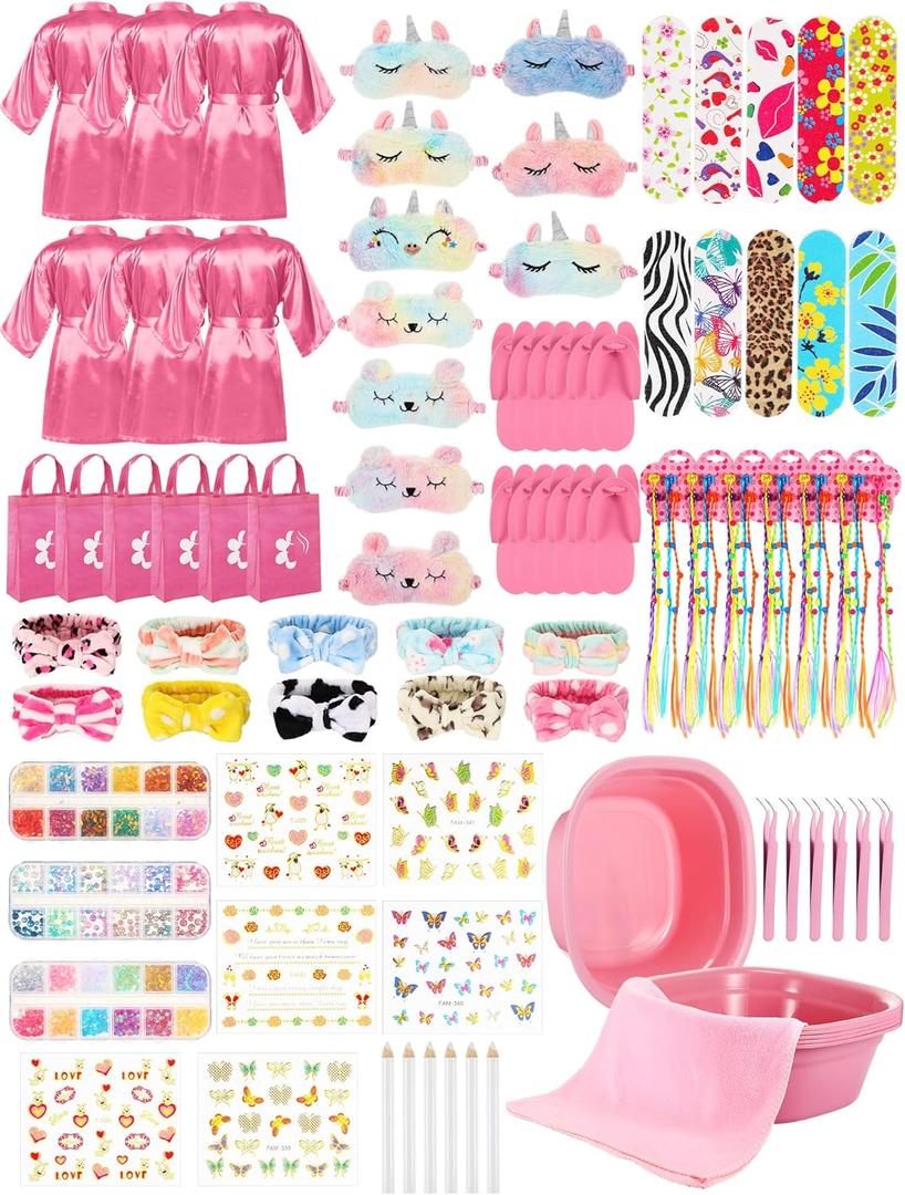 Suhine 6 Set Spa Party Supplies for Girls Kids 6 Satin Robes Spa Kit Sleepover Birthday Slumber Party Favors Nail Salon Pack (Pink)