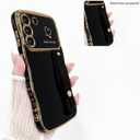 NITITOP Compatible with Samsung Galaxy S23 Plus Case with Kickstand Strap Cute Luxury with Love Heart Plating Pattern Wave Frame Women Girls Men Raised Camera Shockproof Protection Cover-Black