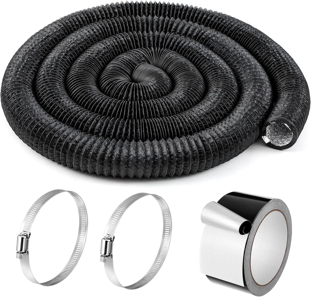 Zonon Dryer Vent Hose 4 Inch X 50 Feet Flexible Aluminum Foil Ducting Non Insulated with Stainless Steel Clamps and Aluminum Tape for Pipe, HVAC Heating Cooling Ventilation and Exhaust (Black)