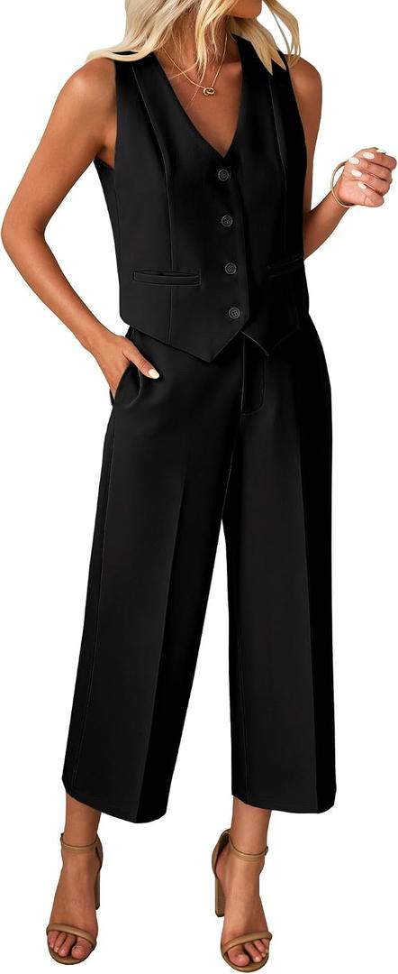 luvamia Pant Suits for Women Dressy Casual 2 Piece Sets Sleeveless Blazer Vest with Wide Leg Capri Pants Work Outfit (Black, M)