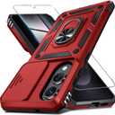 Janmitta Compatible with Samsung Galaxy S25 Edge Case Built in Slide Camera Lens Cover+Screen Protector+Finger Ring Holder Kickstand,Heavy Duty Shockproof Full Body Phone Cover,2025 Red