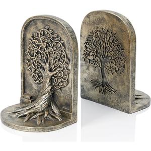 Tree of Life Bookends Decoration Heavy Decorative Bookends with Non-Skid Anti-Slip for Library Office Bookshelf Decor, Resin Antique Golden Bookends