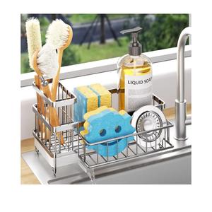 Cisily Sponge Holder for Kitchen Sink, Sink Caddy Organizer with High Brush Holder, Kitchen Countertop Organizers and Storage Essentials, Rustproof 304 Stainless Steel (Silver With Towel Rack, 9.25″)