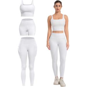 3 Piece Workout Sets for Women High Waisted Leggings with Pockets Tummy Control Biker Shorts Yoga Sports Bra (Medium, White)