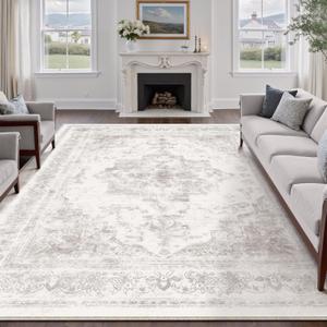 Washable Rug 6x9 Area Rug for Living Room Light Gray Vintage Boho Medallion Large Grey Distressed Retro Carpet Non Slip Indoor Low Pile Small Soft Bedroom Dining Room Home Office
