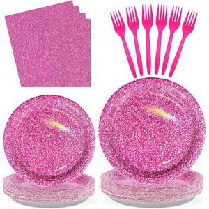 Grencian 96 Pcs Hot Pink Party Supplies Holographic Print Hot Pink Plates and Napkins Tableware Set for Girls Women Birthday Sprinkle Wedding Bachelorette Bridal Shower Decorations Serves 24
