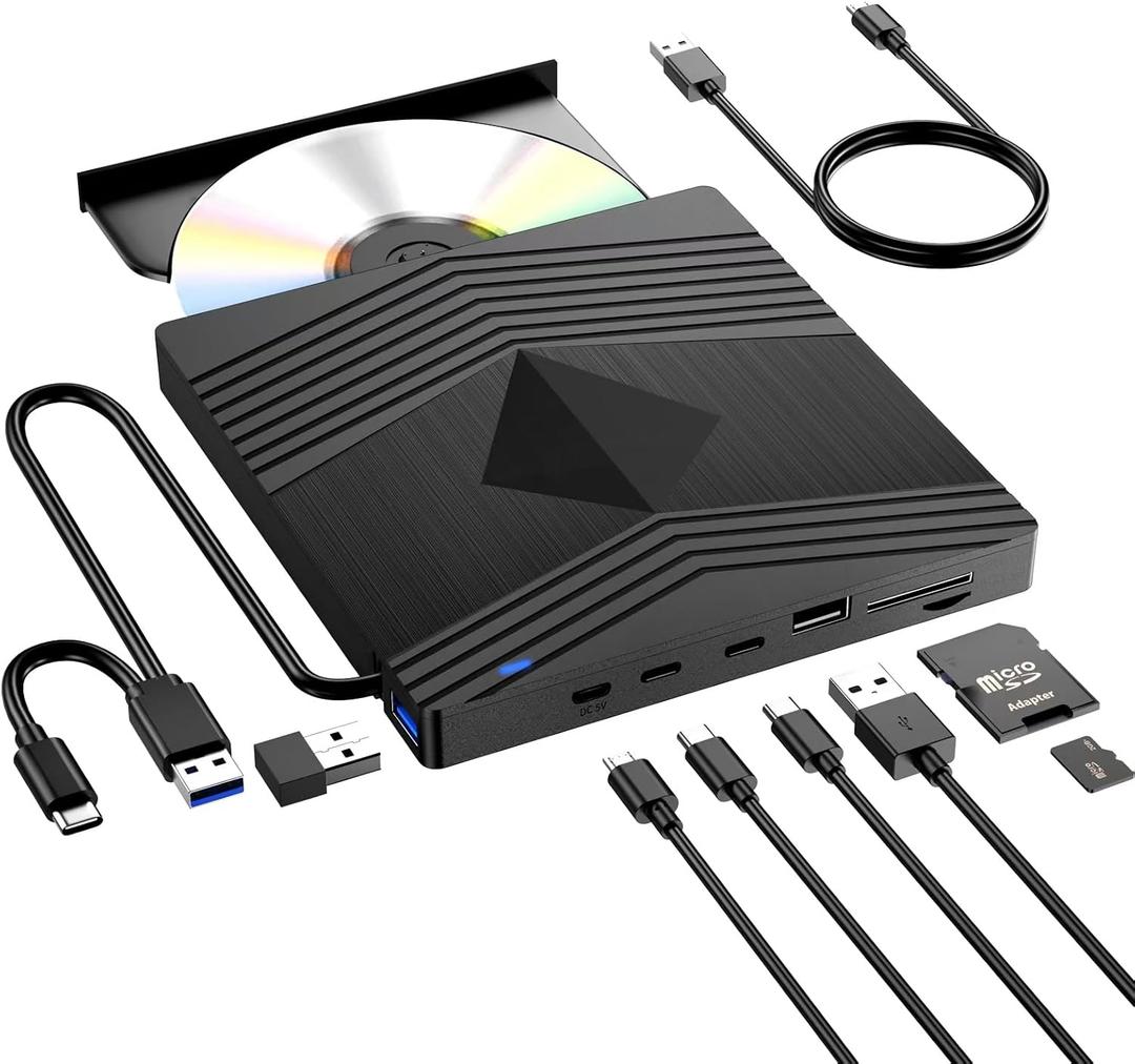 External CD DVD Drive for Laptop, USB 3.0 Ultra Slim 16mm CD Burner with 2 USB C Ports and 2 TF/SD Card Slots, DVD Player for Laptop Mac PC Windows 11/10/8.1/7 Linux OS