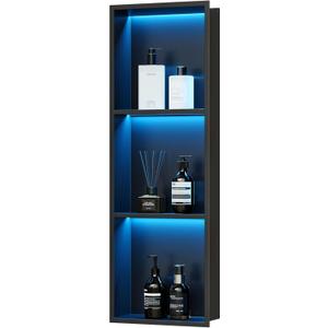 Qeke Stainless Steel Shower Niche 12" X 36", 3-Tiers No Tile Needed Wall Niche with RGB Led Light, Recessed Shower Shelf for Bathroom Storage Over Mount Installation, Matte Black