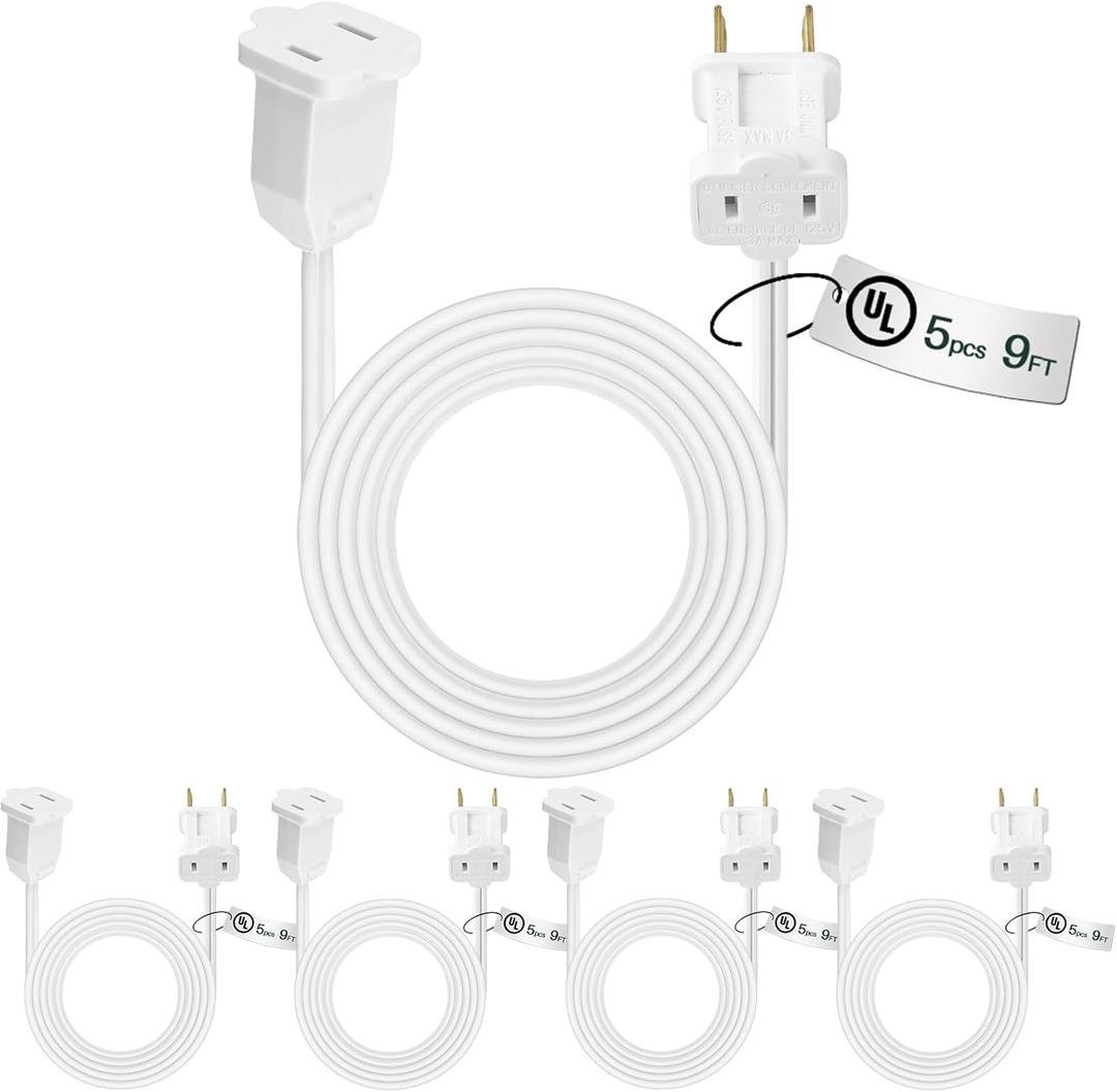 Kanayu 5 Pack 9 ft White Indoor Extension Cord 2 Prong Electric Cord Extender, Wire Plug in and End, Ac 120 Volts, for Outdoor Christmas Connect or Extend String Lights