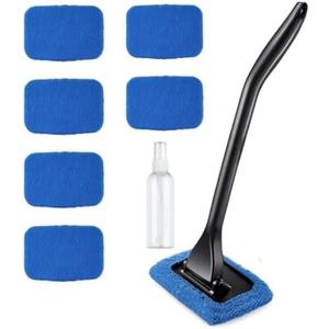 6PCS Windshield Cleaning Tool Car Window Cleaner with 5 Reusable and Washable Microfiber Pads and Extendable Handle Auto Inside Glass Wiper Kit Green (Blue)