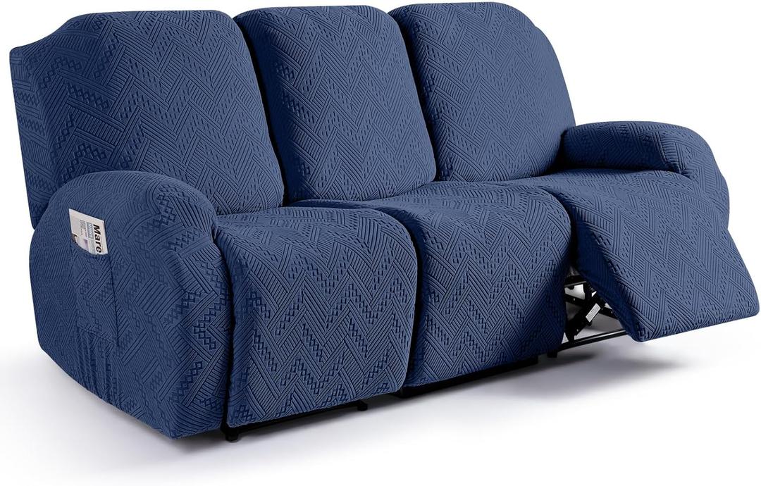 Ruaozz Recliner Sofa Covers Recliner Chair Covers Couch Covers for Reclining Couches with Pockets Washable Furniture Protector with Elastic Bottom (3 Seater, Dark Blue)