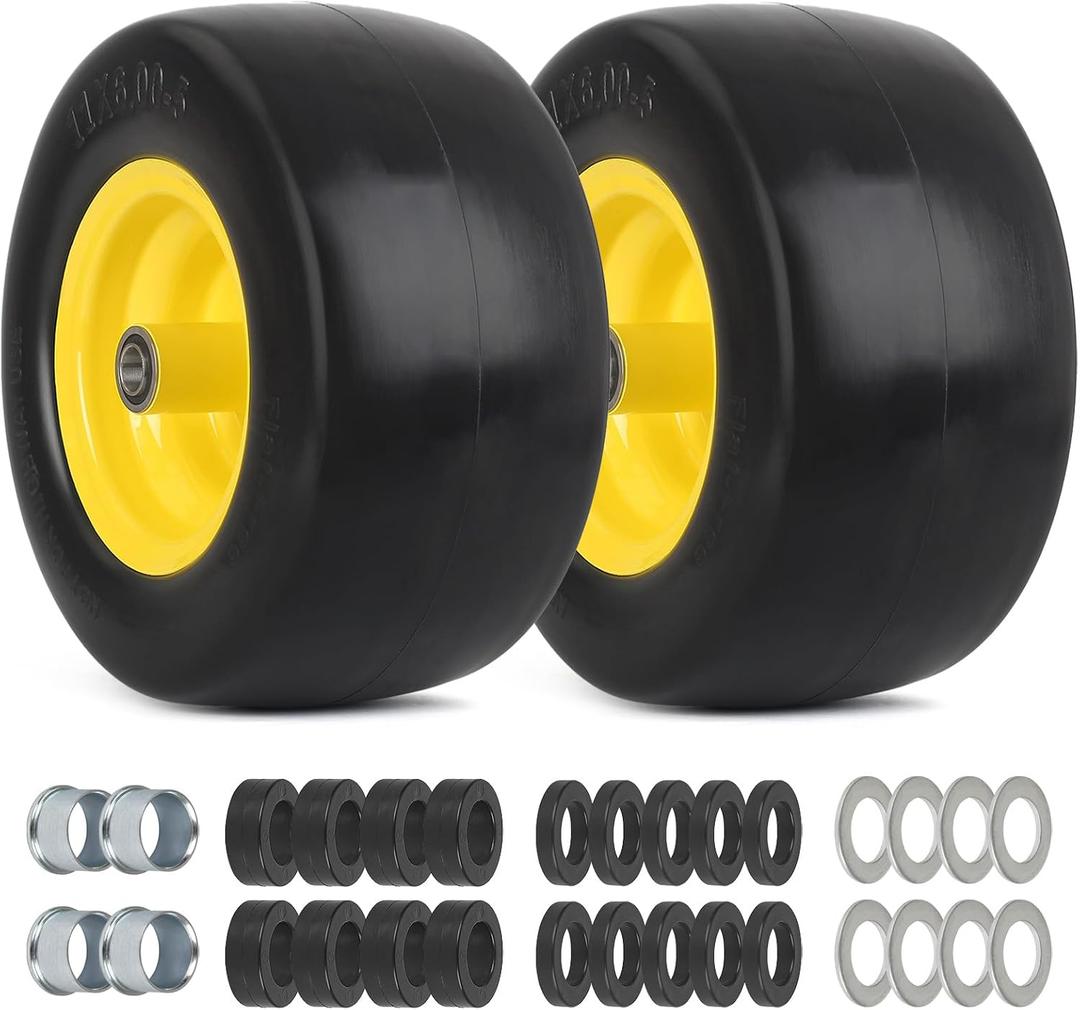 GICOOL 11x6.00-5 Flat Free Zero Turn Mower Tire and Wheel, 11x6-5nhs Riding Mowers Lawn Tire and Wheel with 3/4" Bearing, 5.8" -8" Centered Hub, 2 Pack