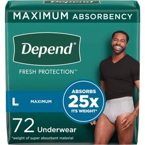 Depend Fresh Protection Adult Incontinence Underwear for Men, Disposable, Maximum, Large, Grey, 72 Count (2 Packs of 36), Packaging May Vary