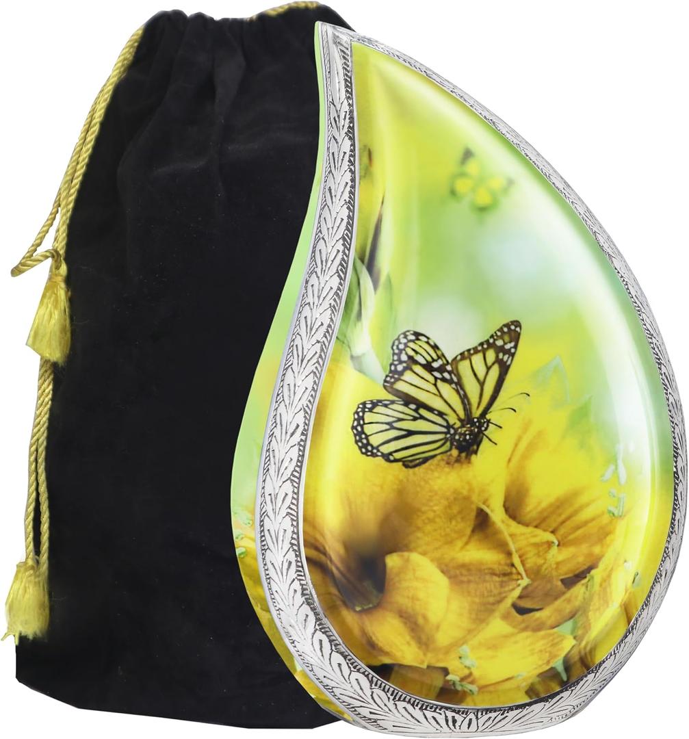 M MEILINXU Cremation Urns for Human Ashes Adult Female & Male, Urn for Ashes for Women & Man, Funeral Decorative Teardrop Urn, Yellow Butterfly and Flower, Large Tear Drop - Full Size