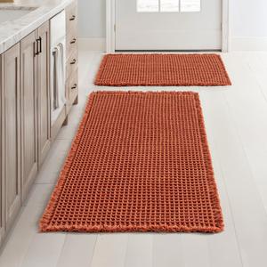 MIULEE Orange Set of 2 Waffle Bathroom Rugs, Boho Bath Rugs Non Slip Washable, Super Absorbent Bath Mats, Ultra Soft Rubber Backed Shower Mats for Bathroom Floor, Tub, 17"x24"+20"x32"
