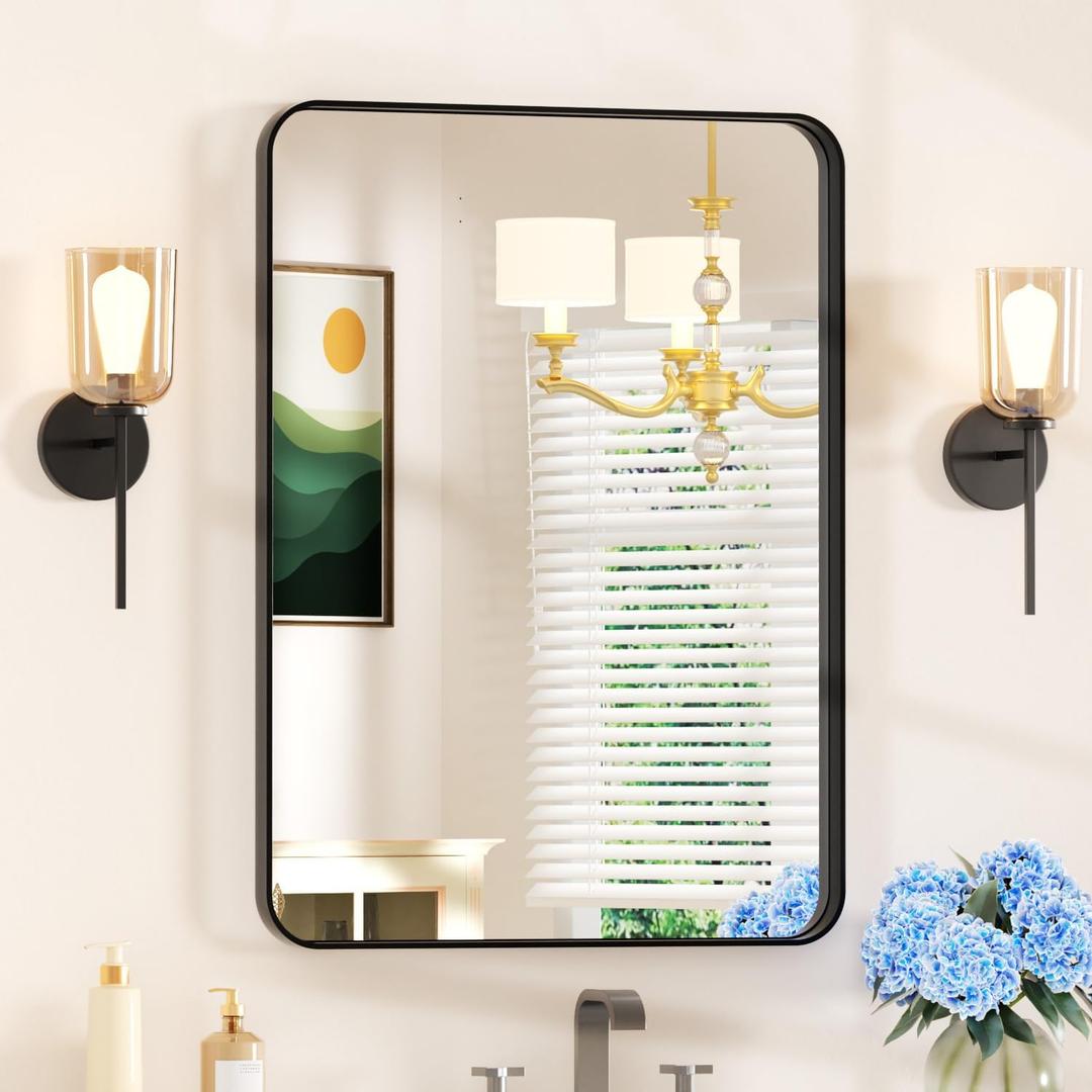 22×30 Black Bathroom Mirror for Over Sink - Rectangular Bathroom Vanity Mirror for Wall with Rounded Corners & Metal Frame, Tempered-Glass, Modern, Farmhouse, Horizontal/ Vertical, Bedroom, Entryway