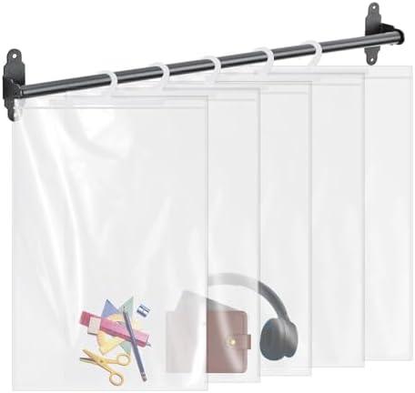 Locmeo 24 Pcs Hanging Storage Bags Large Hook 14 x 21 Inches Clear Hanging Book with Hook Bags for Classroom Pouch for Home Library School Organization