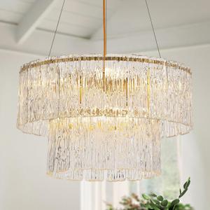 20" Crystal Chandelier Modern Gold Glass Chandeliers 2-Tier Round Elegant Luxury Lighting 6-Light Drum Crystal Chandelier for Dining Room Kitchen Restaurant Foyer Bedroom Living Room