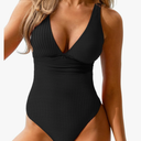CUPSHE Women's One Piece Swimsuit Wide Straps V Neck Ruched Textured Ribbed Twist Back.Size L