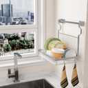 TQVAI Over Sink Dish Drainer Drying Rack, Stainless Steel Foldable Wall Mounted Dish Racks with Drainboard Hanging Rod and Sponge Holder, Silver