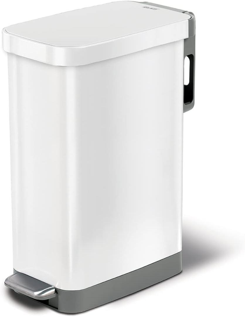 Glad Slim Trash Can with Clorox Odor Protection - Narrow Kitchen Garbage Bin with Soft Close Lid, Step On Foot Pedal and Waste Bag Roll Holder, White Stainless Steel, 45 Liter