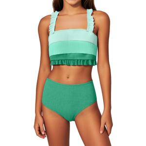 Mioglrie Girls Bathing Suit Kids Swimsuits Teen Tankini Girls' Swimwear Beach Ruffle Size 7-14 Tween Bikini Sets (13-14 Years, Green)