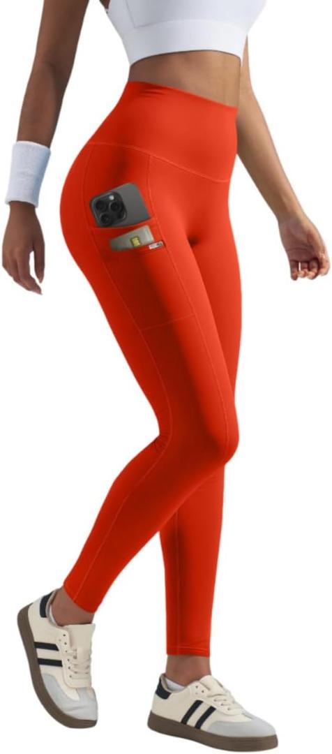 Postropaky Women's Fleece Lined Waterproof Leggings, High Waisted Winter with Zipper Pockets (Orange Red)