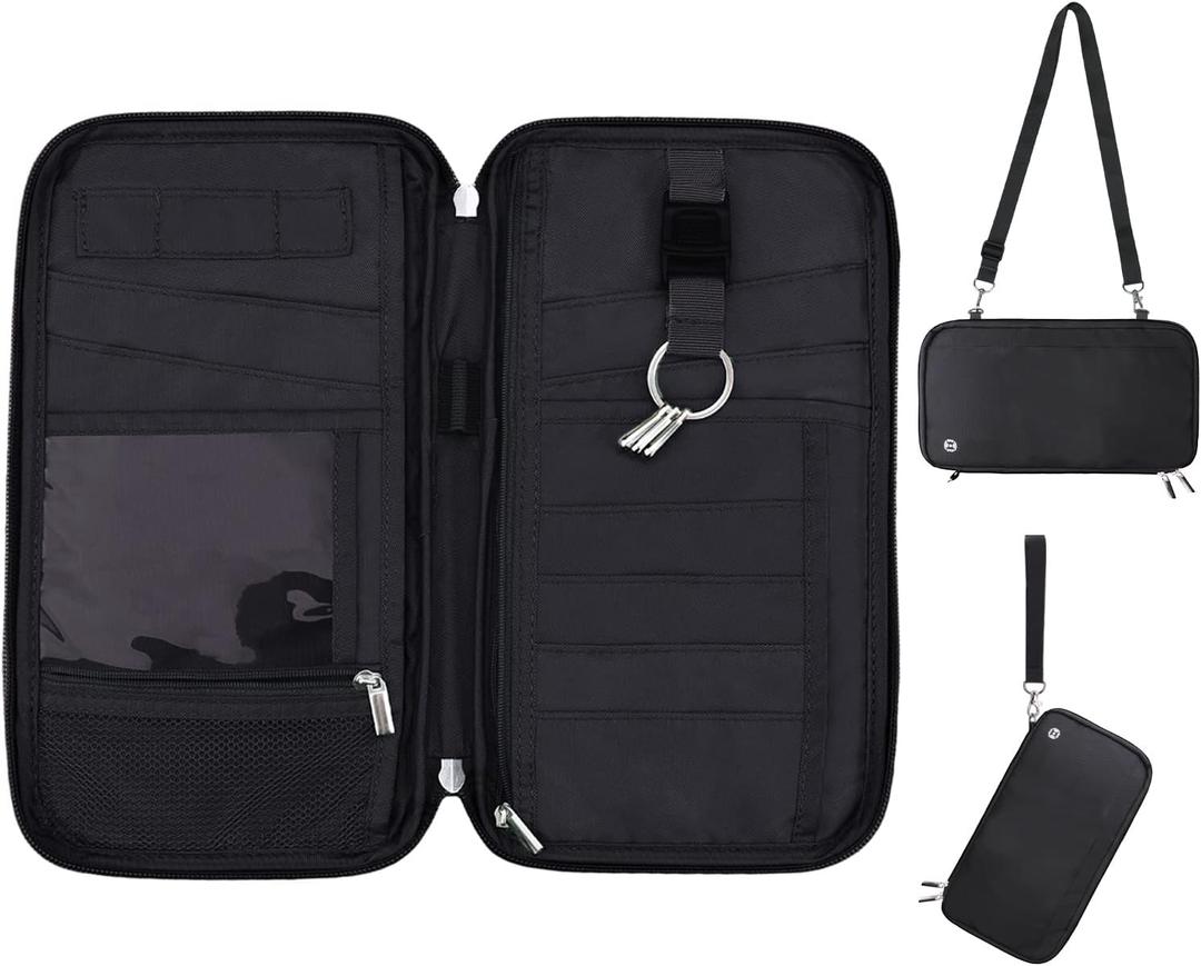 WALNEW RFID Family Passport Holder Wallet with Tracker/AirTag Holder, Travel Document Organizer Zipper Pouch with Wristlet and Cross Body Straps for Women Men (Black)