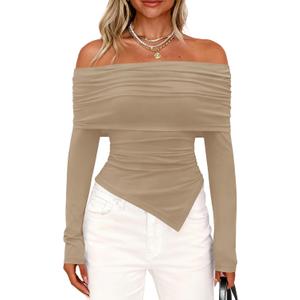 PRETTYGARDEN Women's Off The Shoulder Tops Spring Fashion 2026 Long Sleeve Shirts Going Out Slim Fitted Blouses Fall Clothes (Beige, XS)