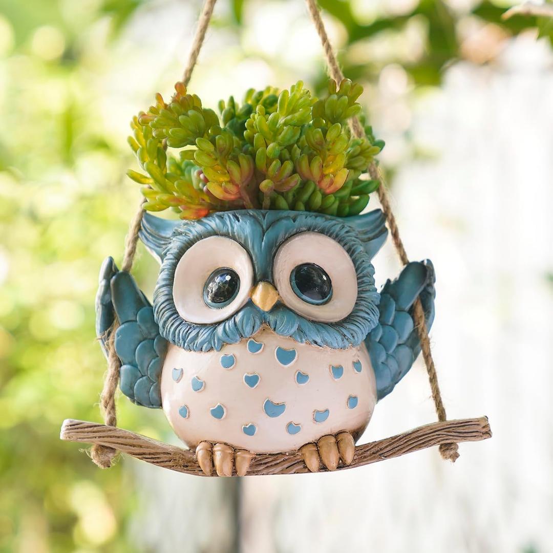 Swing Owl Hanging Planters for Indoor Plants, Cute Small Succulent Pots with Drainage Hole, Unique Resin Plant Hangers Outdoor, Hanging Plant Holder for String Of Pearls, Gift Ideas for Mother (Blue)