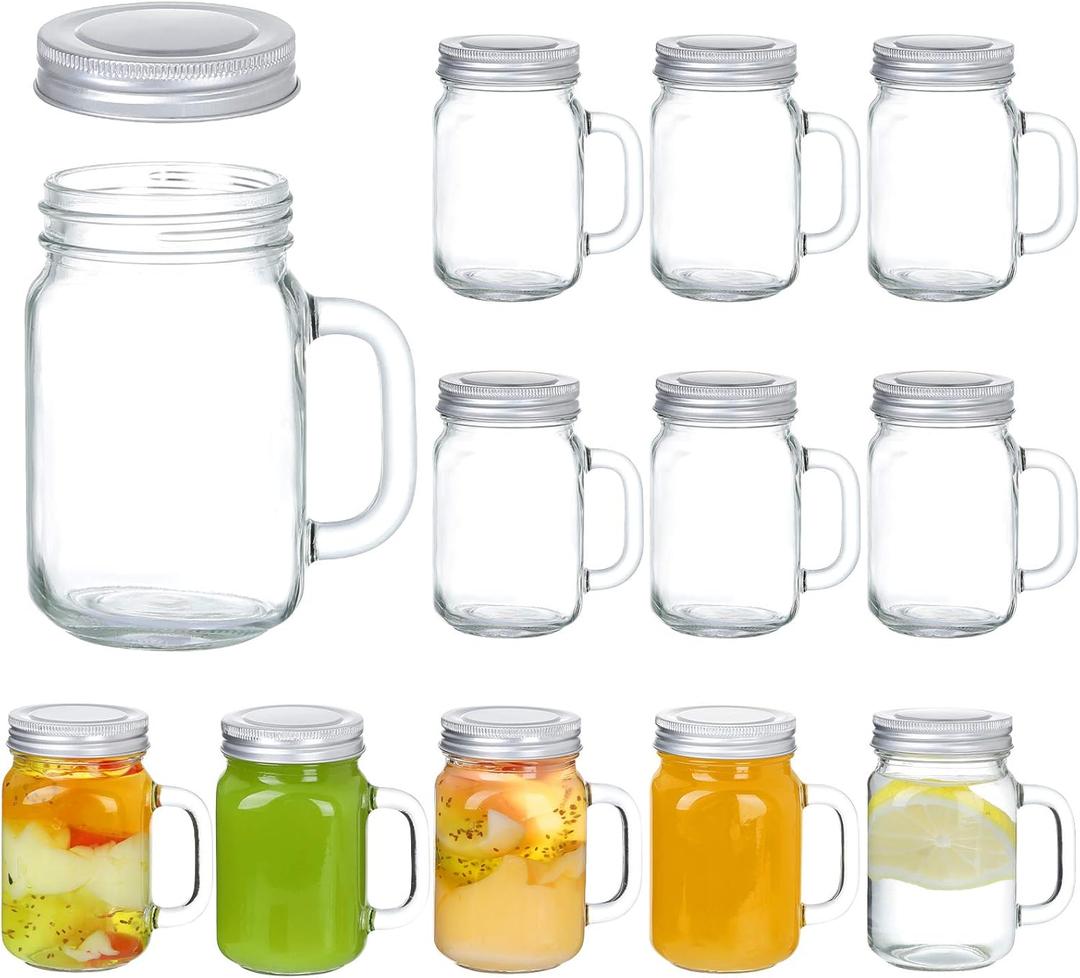 8oz Mason Jar Mug with Handle and Golden Lids,Set of 12 Old Fashioned Drinking Glass for Beverages, Decoration, Storage, Party Favors, Cocktails, Floats, Centerpieces and more