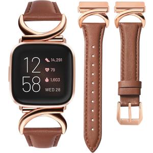 Minyee Leather Band Compatible with Fitbit Versa 2/Fitbit Versa/Versa Lite Bands Women, Slim Thin Dressy Designer Premium Leather Strap with C-Shape Metal Buckle for Versa 2 Smartwatch Accessories (Brown/Rose Gold)