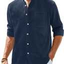 Alimens & Gentle Men's Cotton Linen Shirts Long Sleeve Button Down Shirt Band Collar Beach Shirts (Medium, Navy Blue)