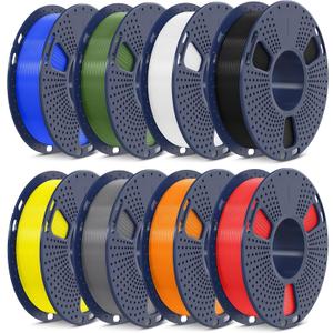 SUNLU PLA+2.0 3D Printer Filament Bundle, Multicolor PLA+ Filament 1.75mm, Individually Vacuum Packed, 0.25kg per Spool, 8 Pack, 2kg Total, Black+White+Grey+Blue+Red+Yellow+Olive Green+Orange