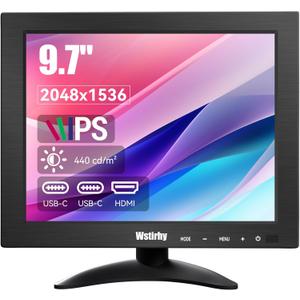 9.7 Inch Small Monitor 2048x1536 IPS Display, 4:3 Second Screen, 440 Nit Brightness, Dual USB-C & HDMI, Built-in Speakers, VESA Mountable, External Monitor for Laptop PC Phone RasPi