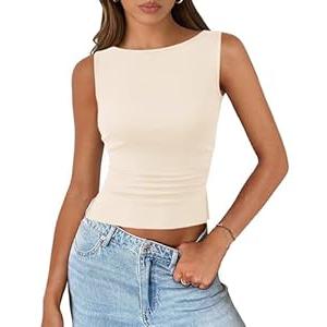 PRETTYGARDEN Womens Ribbed Tank Tops Summer 2025 Ruched Sleeveless Shirt Side Split Going Out Fitted Y2K Trendy Tops(Apricot, Medium)