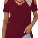 Amoretu Womens Summer Shirts V Neck Criss Cross Cold Shoulder Tops Blouse, Large