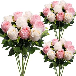 Roses Artificial Flowers - 30 PCS Pink Fake Silk Rose with Stems Bulk Faux Floral Arrangement for DIY Wedding Bouquet Bridal Shower Table Centerpieces Home Party Decor - Pink White