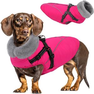 Queenmore Dog Jackets for Large Dogs, Dog Coat with Harness Built in,Waterproof Dogs Coats with Zipper On Back,Warm Fleece Lining Cold Weather Pet Coats with Furry Collar for Labrador,Rosered,L