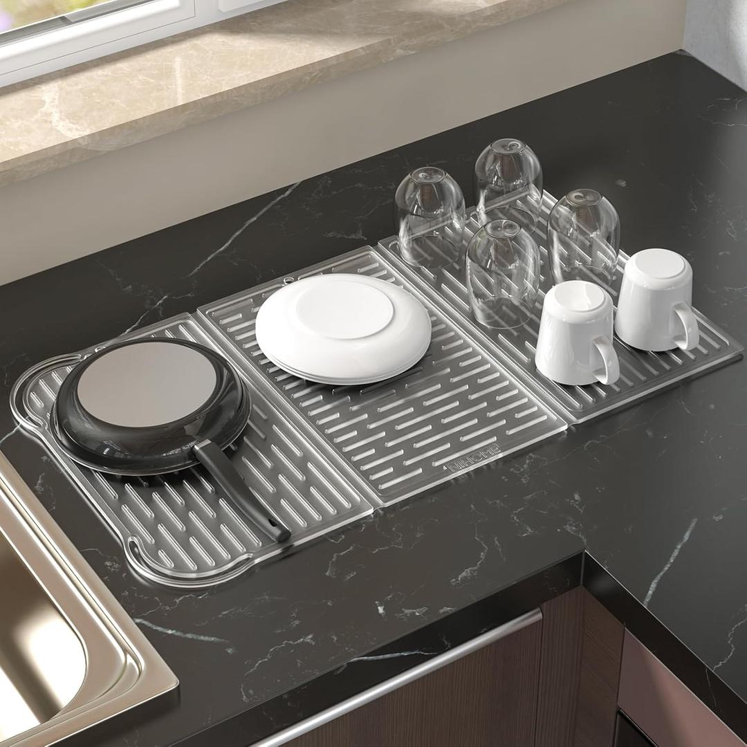 NiHome Extra-Large Trifold Dish Drying Mat, Foldable Compact Easy Storage Silicone Drying Mat for Kitchen Counter Heat & Cold Resistant, Anti-Slip Durable Dish Drying Kitchen Mat (Translucent White) NiHome Extra-Large Trifold Dish Drying Mat, Foldable Compact Easy Storage Silicone Drying Mat for Kitchen Counter Heat & Cold Resistant, Anti-Slip Durable Dish Drying Kitchen Mat (Translucent White)
