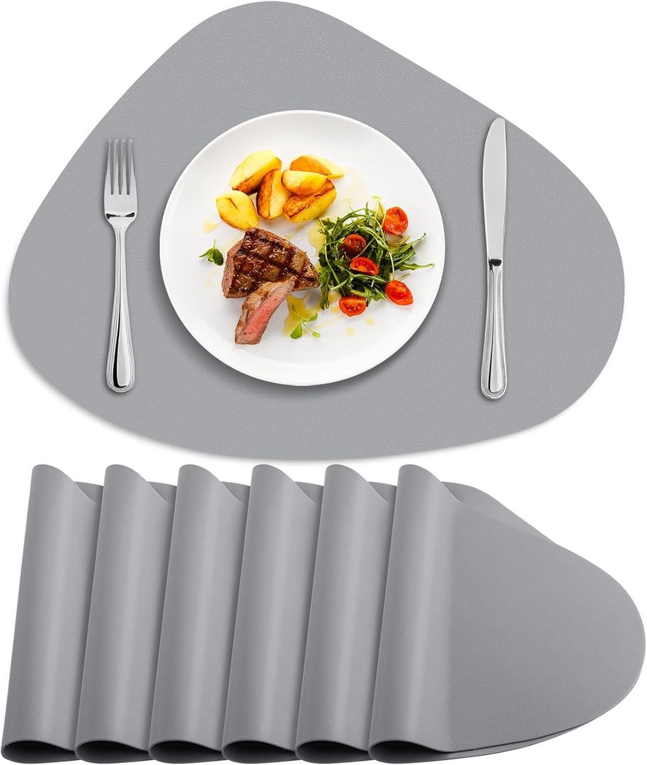 Placemats Set of 6, Heat Resistant Leather Placemats Double Layer, Soft Waterproof Round Table Mats Easy to Clean for Kitchen Dining Room Coffee Office Table, Grey