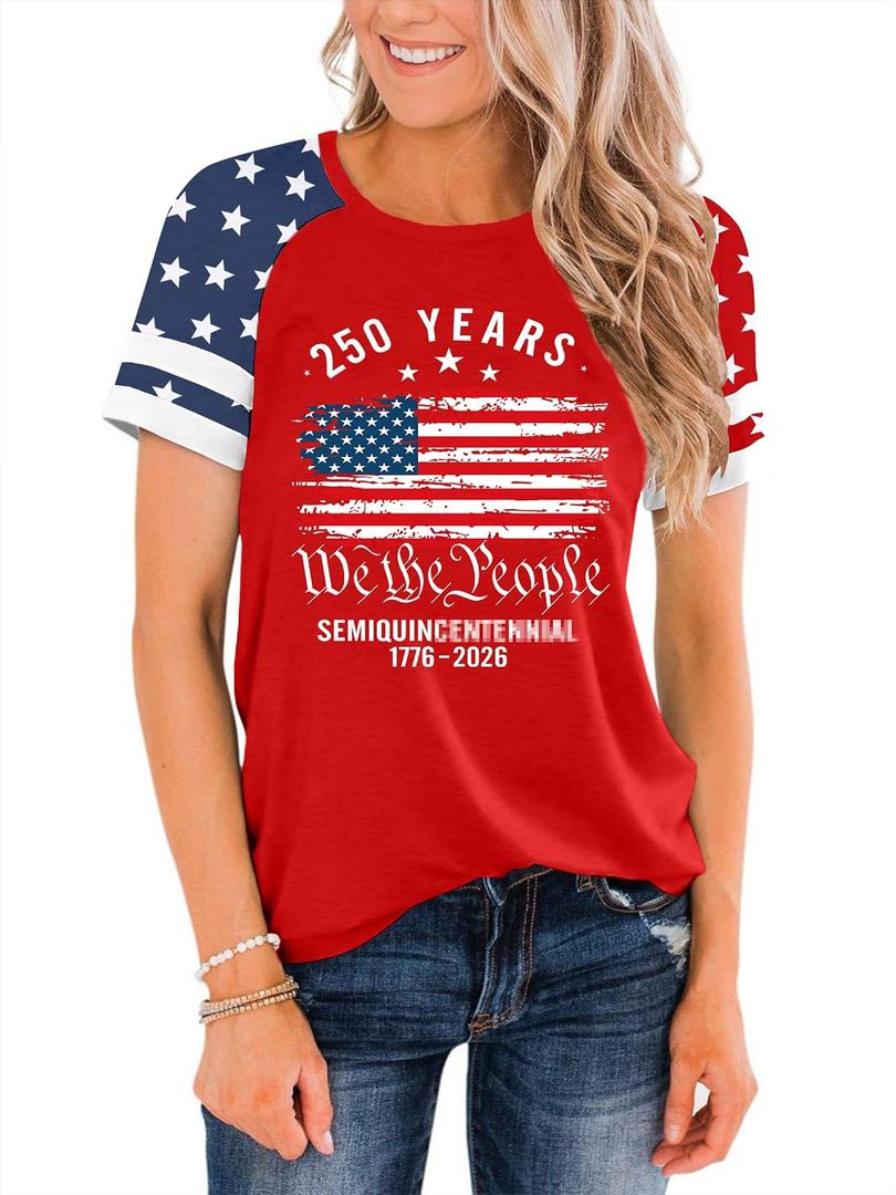 American Flag Shirt Women 4th of July Shirts USA Flag Graphic Patriotic Tshirt Raglan Color Block Tops (Red, M)